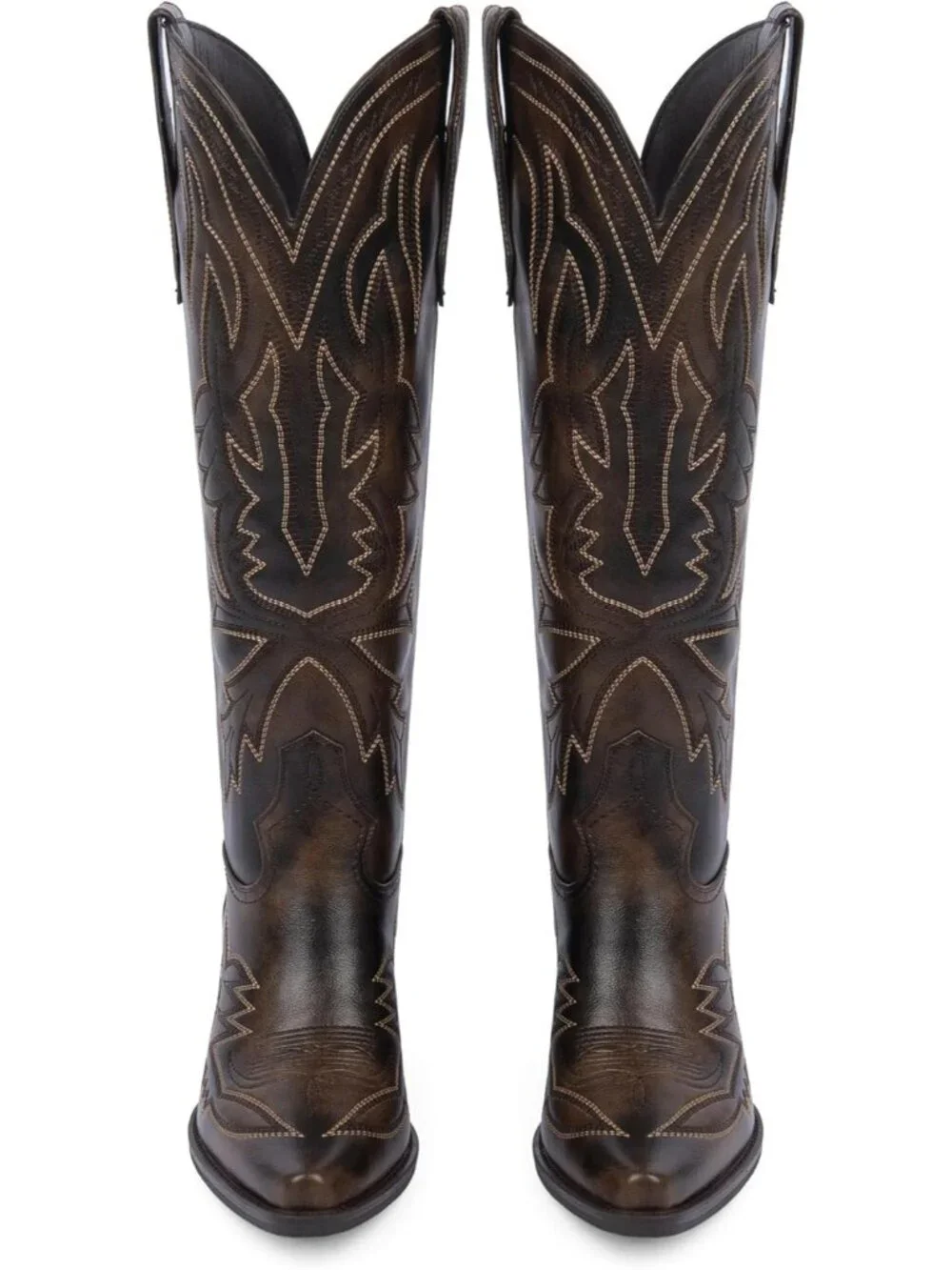Women's Retro Brown Knee High Boots Embroidered Pull on Pointed Toe Chunky Heel